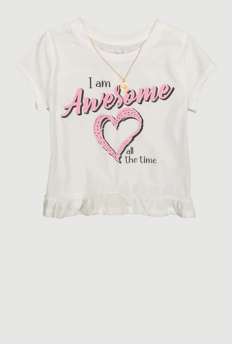 Girls I am Awesome Graphic Tee with Necklace, White, Size 10-12
