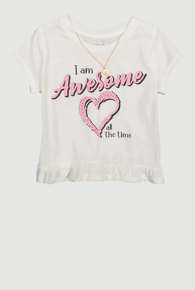 Girls I am Awesome Graphic Tee with Necklace, White, Size 10-12
