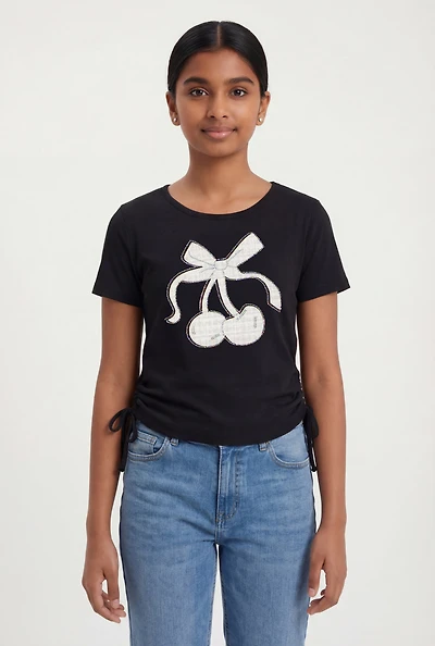 Girls Rhinestone Trim Cherry Patch Graphic Tee