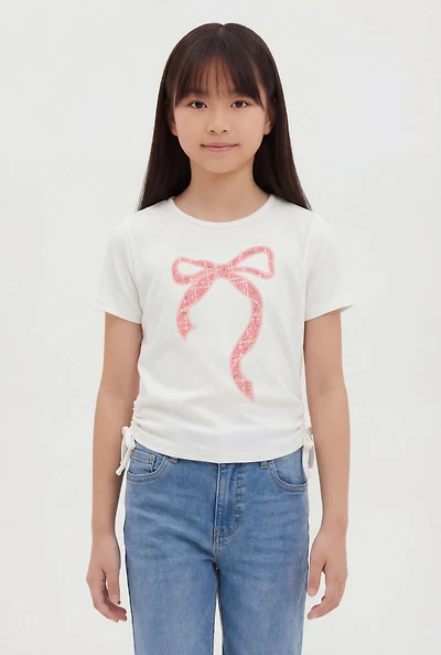 Girls Ribbed Knit Bow Graphic Patch Top