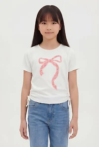 Girls Ribbed Knit Bow Graphic Patch Top