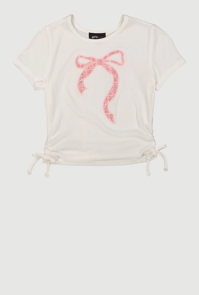 Girls Ribbed Knit Bow Graphic Patch Top