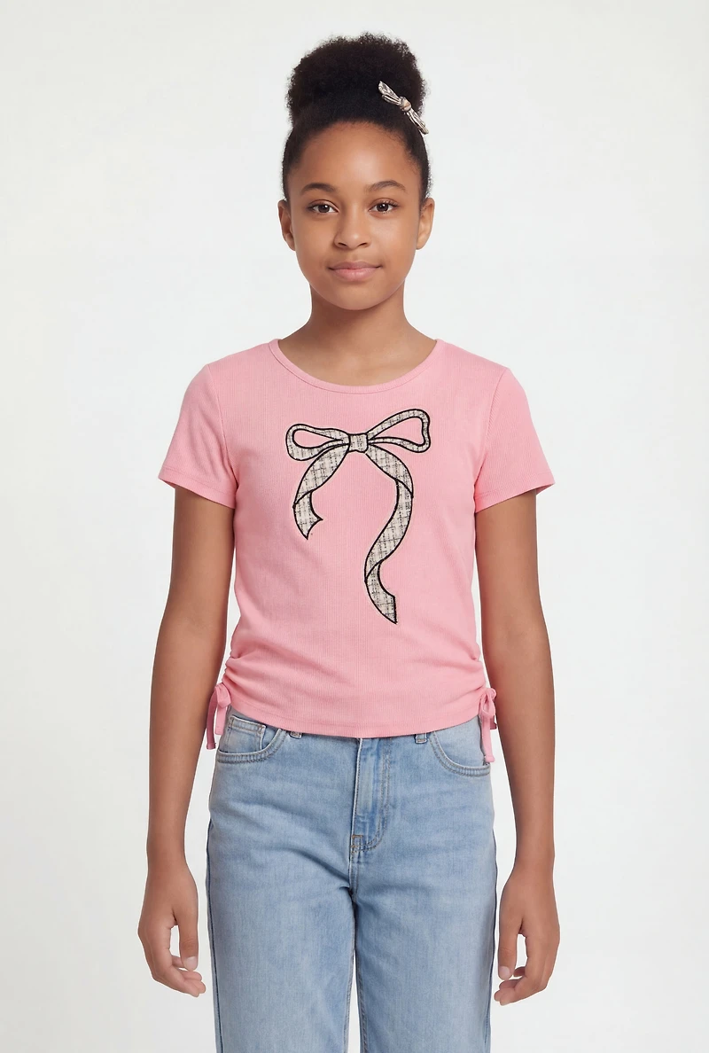 Girls Ribbed Knit Bow Graphic Patch Top
