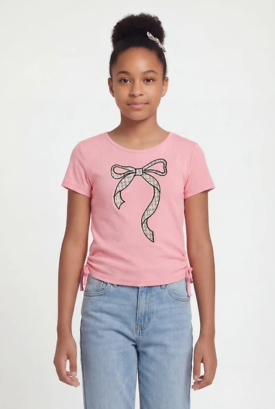 Girls Ribbed Knit Bow Graphic Patch Top