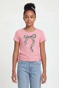 Girls Ribbed Knit Bow Graphic Patch Top