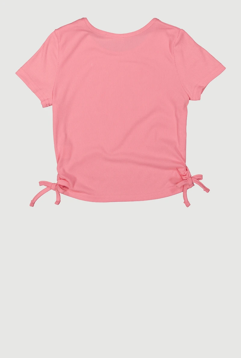Girls Ribbed Knit Bow Graphic Patch Top