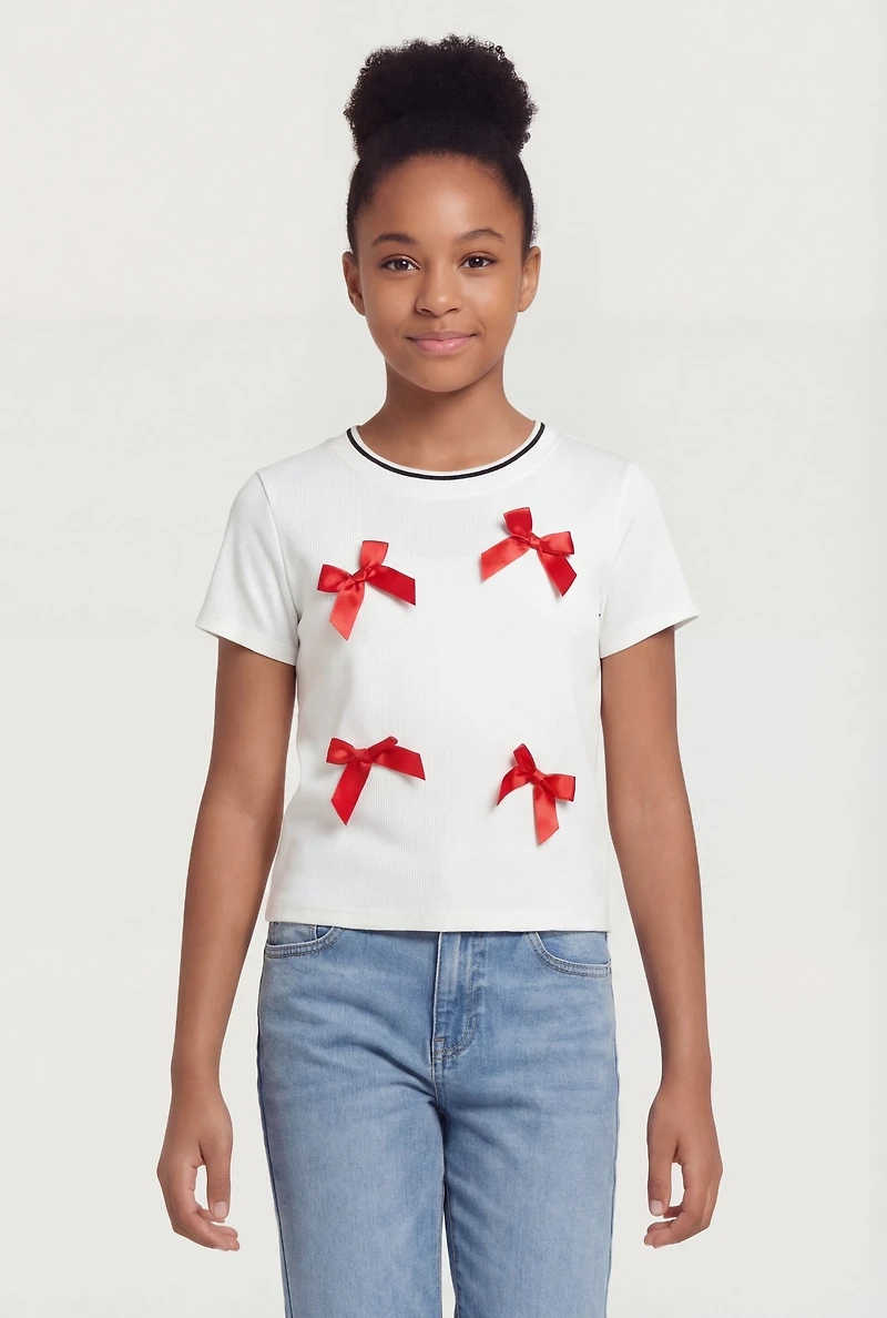 Girls Contrast Trim Bow Detail Rib Knit Tee