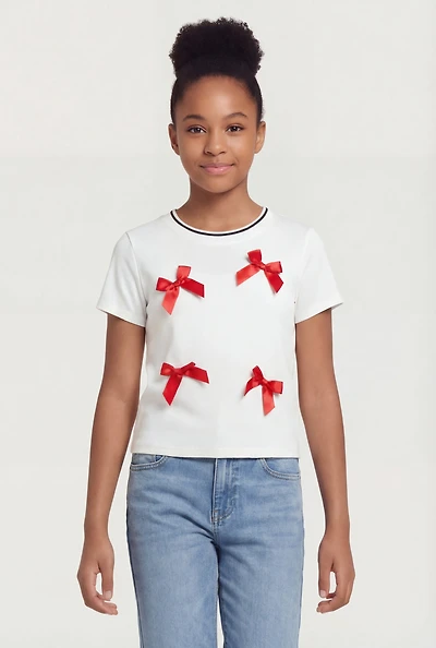 Girls Contrast Trim Bow Detail Rib Knit Tee