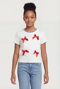 Girls Contrast Trim Bow Detail Rib Knit Tee