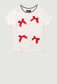 Girls Contrast Trim Bow Detail Rib Knit Tee