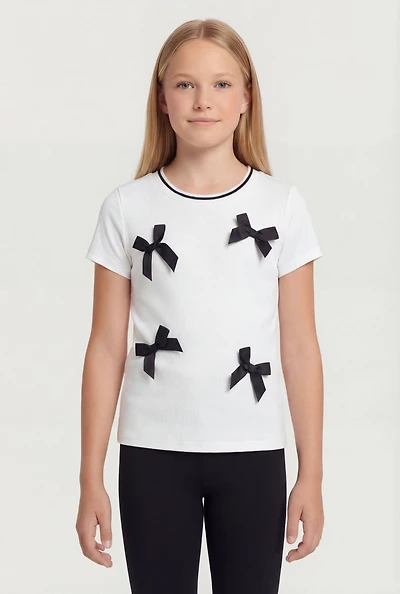 Girls Contrast Trim Bow Detail Rib Knit Tee