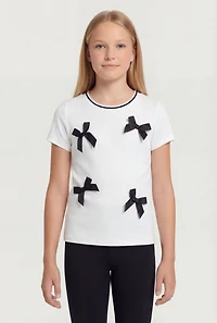 Girls Contrast Trim Bow Detail Rib Knit Tee