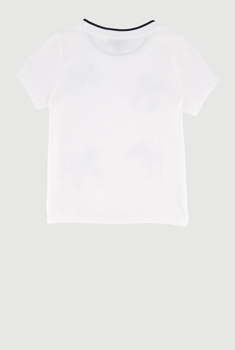 Girls Contrast Trim Bow Detail Rib Knit Tee