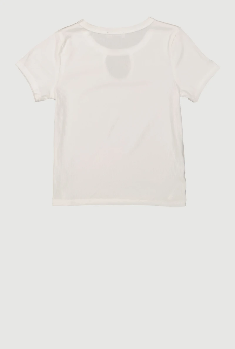 Girls Rib Knit Charm Detail Keyhole Neckline Tee, White, Size 14-16