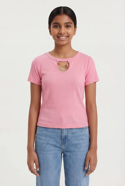 Girls Rib Knit Charm Detail Keyhole Neckline Tee