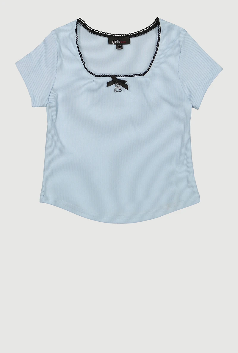 Girls Rib Knit Bow Charm Short Sleeve Square Neck Top