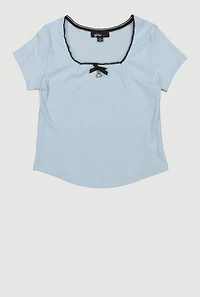 Girls Rib Knit Bow Charm Short Sleeve Square Neck Top