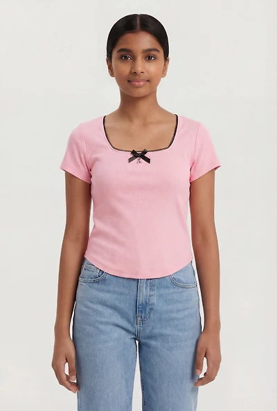 Girls Rib Knit Bow Charm Short Sleeve Square Neck Top