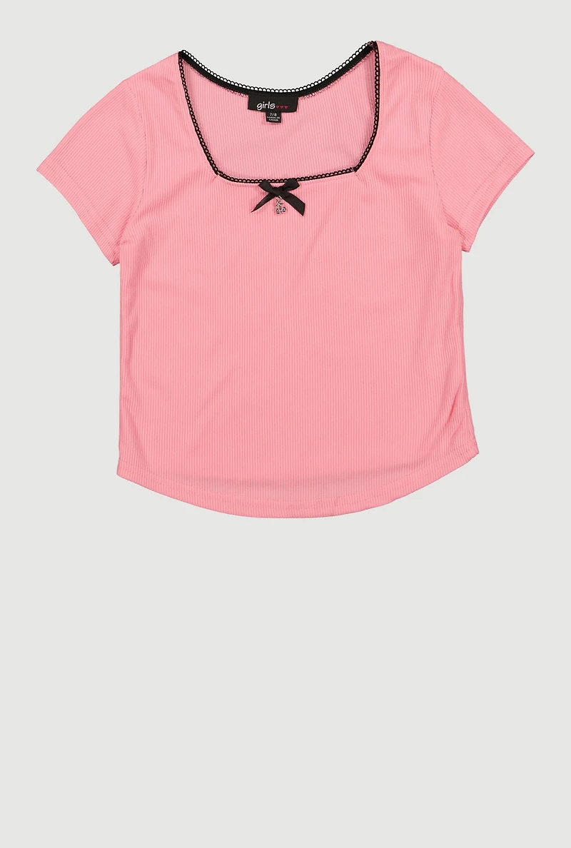Girls Rib Knit Bow Charm Short Sleeve Square Neck Top