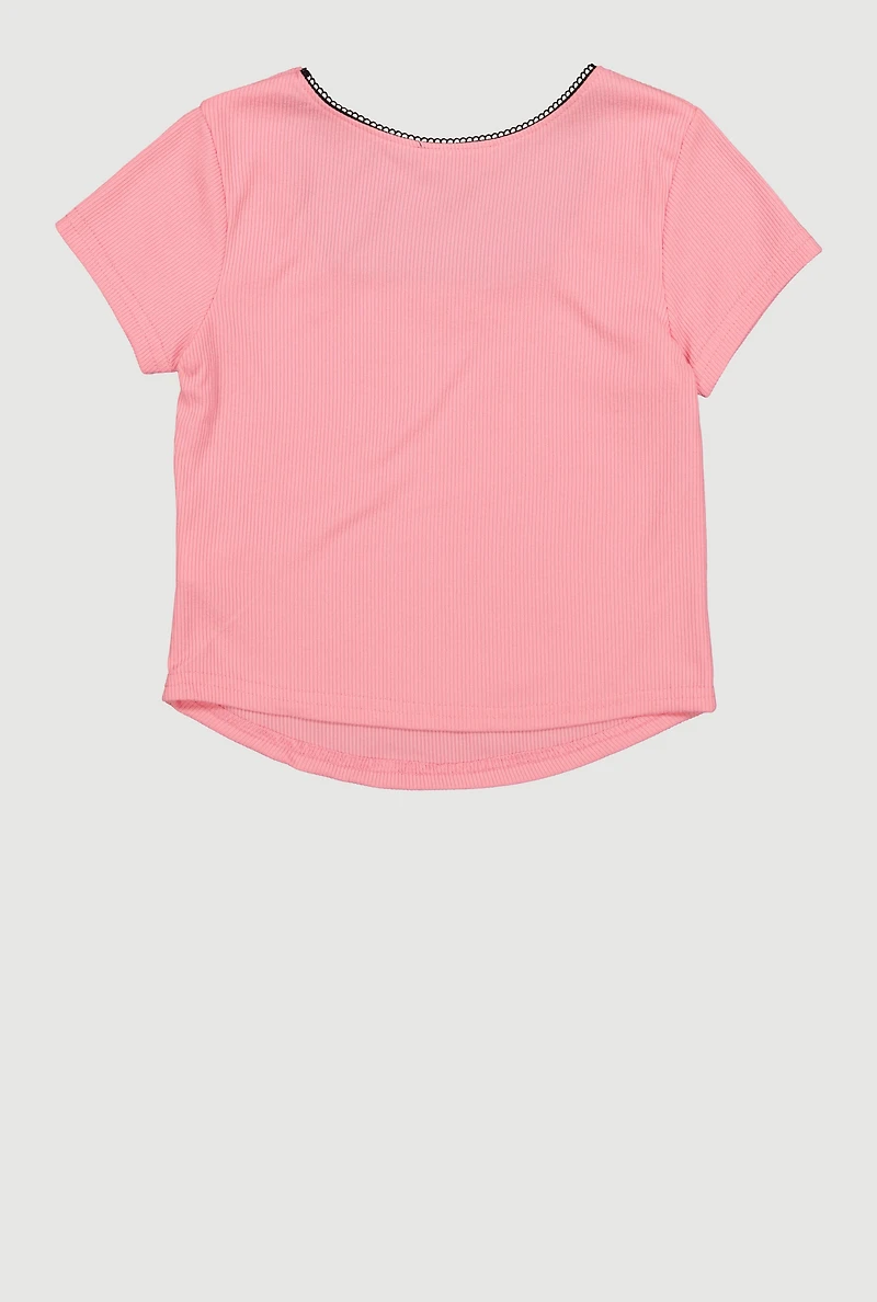 Girls Rib Knit Bow Charm Short Sleeve Square Neck Top