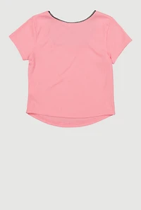 Girls Rib Knit Bow Charm Short Sleeve Square Neck Top