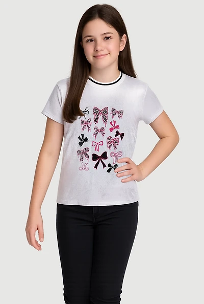 Girls Bow Graphic Short Sleeve Crew Neck Top, White, Size 7-8