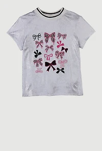 Girls Bow Graphic Short Sleeve Crew Neck Top, White, Size 7-8