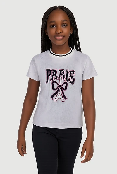 Girls Paris Eiffel Tower Bow Graphic Short Sleeve Top, White,