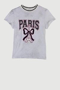 Girls Paris Eiffel Tower Bow Graphic Short Sleeve Top, White, Size 14-16