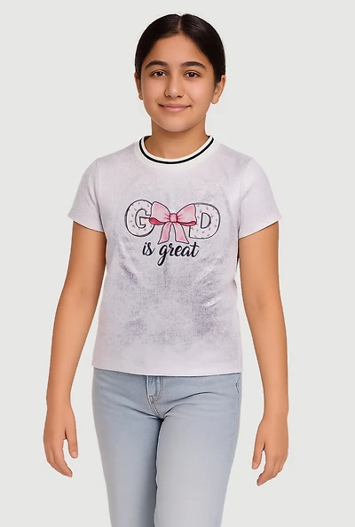 Girls God Is Great Graphic Tee, Grey, Size 7-8