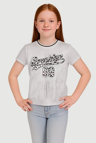 Girls Ribbed Knit Brooklyn 89 Contrast Trim Top, Grey, Size 14-16