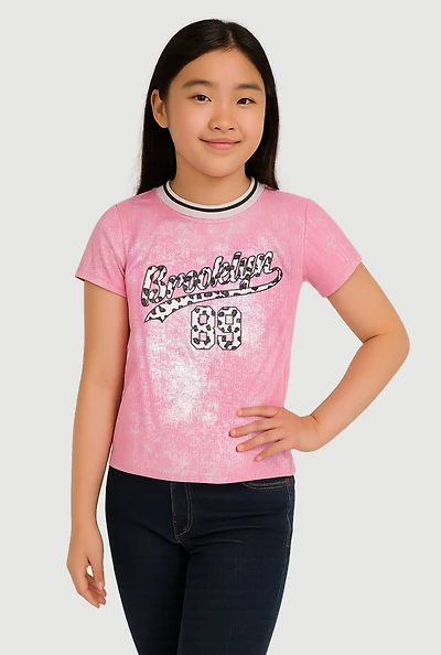 Girls Ribbed Knit Brooklyn 89 Contrast Trim Top, Pink, Size 7-8