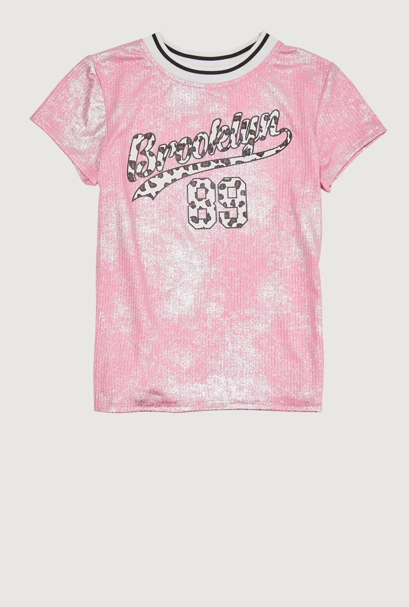 Girls Ribbed Knit Brooklyn 89 Contrast Trim Top, Pink, Size 7-8