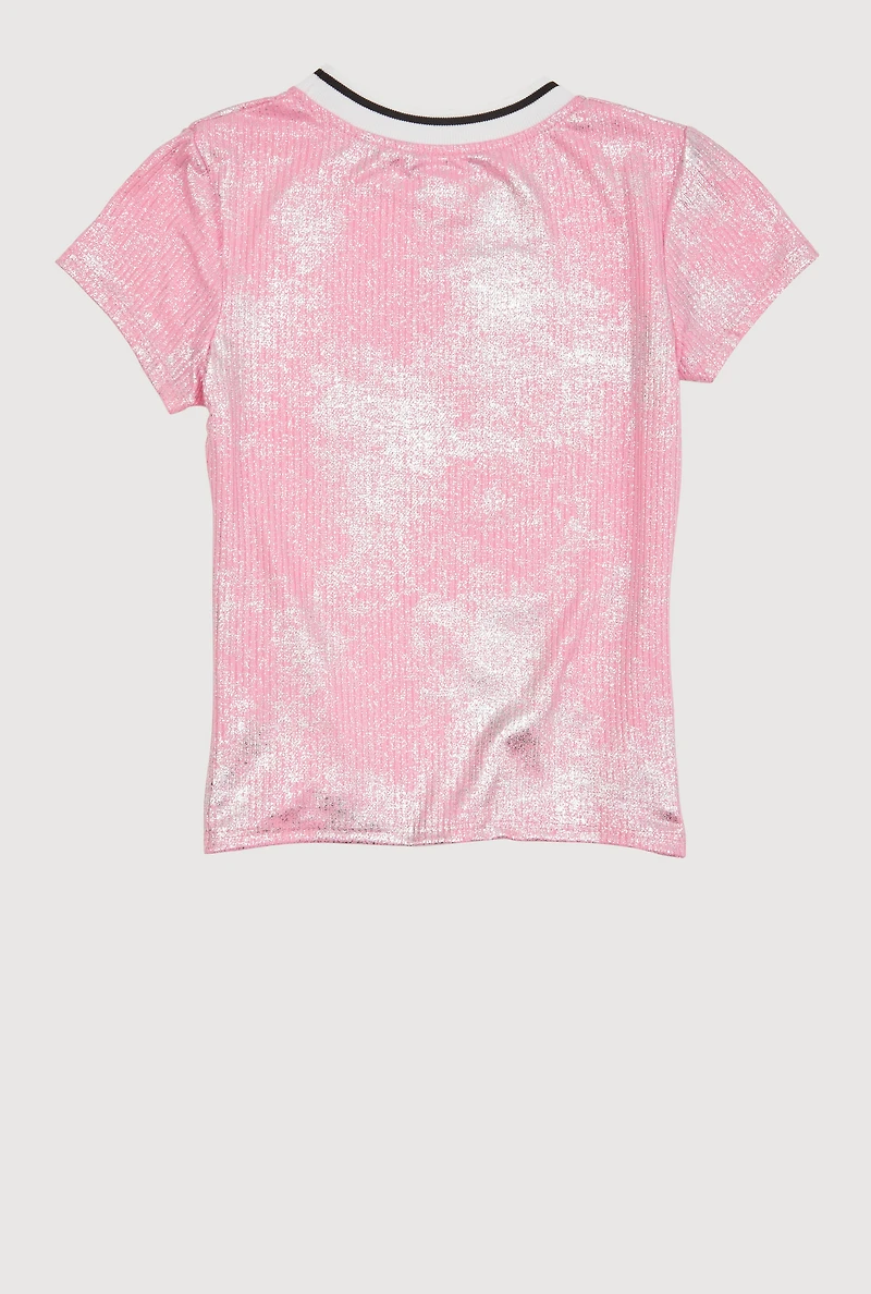 Girls Ribbed Knit Brooklyn 89 Contrast Trim Top, Pink, Size 7-8