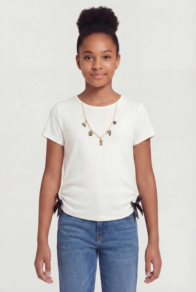 Girls Side Bow Detail Ruched Top with Charm Necklace