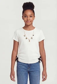Girls Side Bow Detail Ruched Top with Charm Necklace