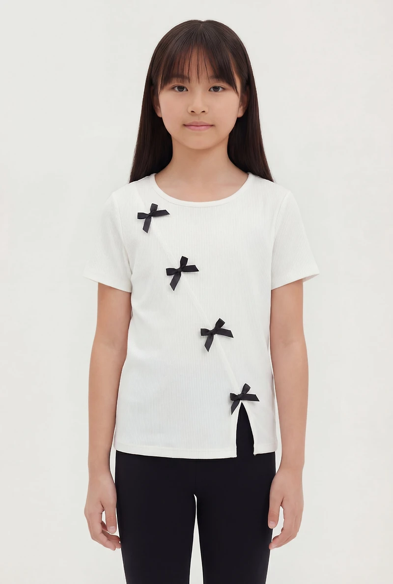 Girls Ribbed Knit Tee with Asymmetrical Bows