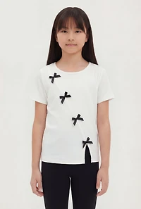 Girls Ribbed Knit Tee with Asymmetrical Bows