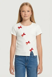 Girls Ribbed Knit Tee with Asymmetrical Bows