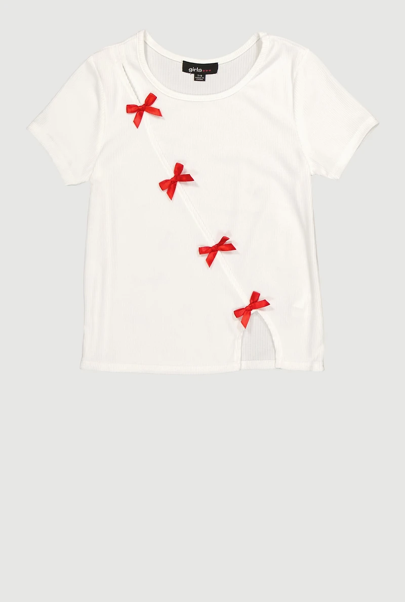 Girls Ribbed Knit Tee with Asymmetrical Bows