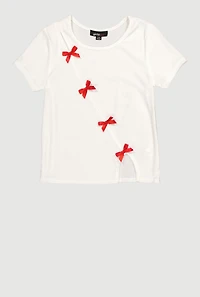 Girls Ribbed Knit Tee with Asymmetrical Bows