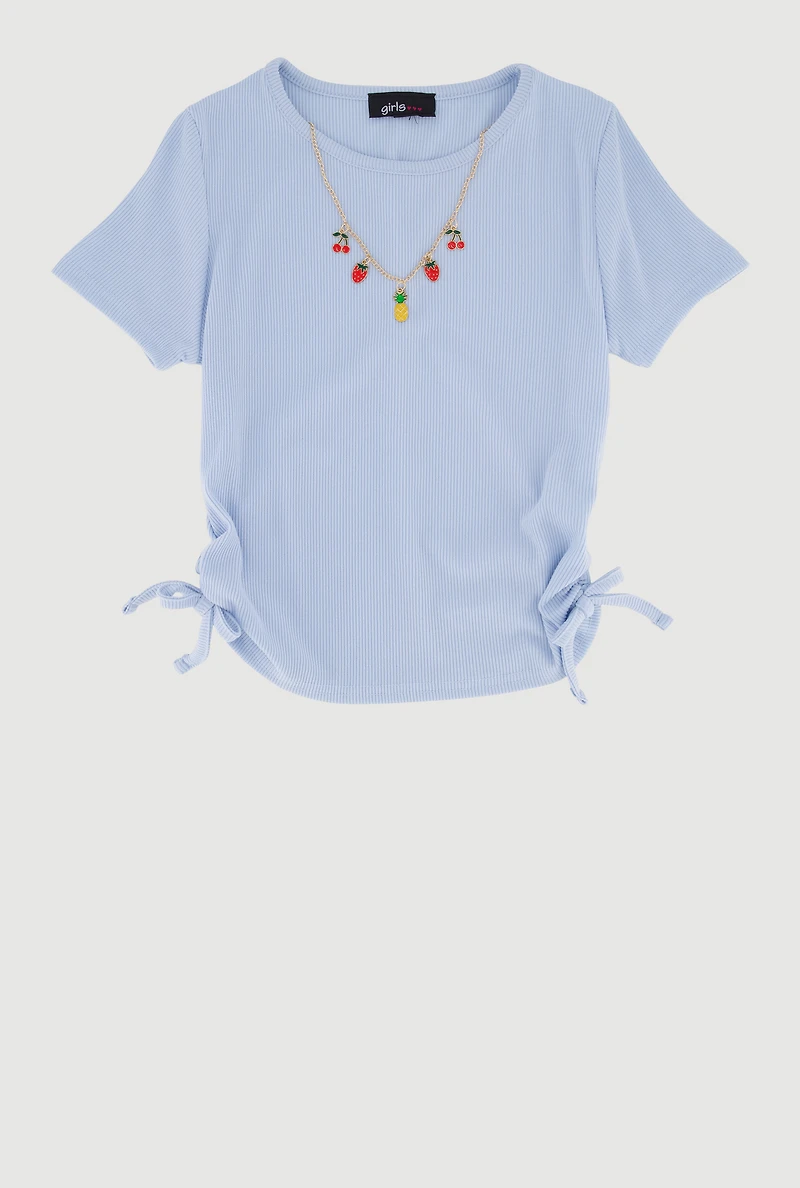 Girls Ribbed Knit Side Ruched Top with Charm Necklace