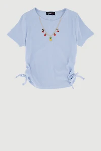 Girls Ribbed Knit Side Ruched Top with Charm Necklace