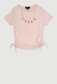 Girls Ribbed Knit Side Ruched Top with Charm Necklace