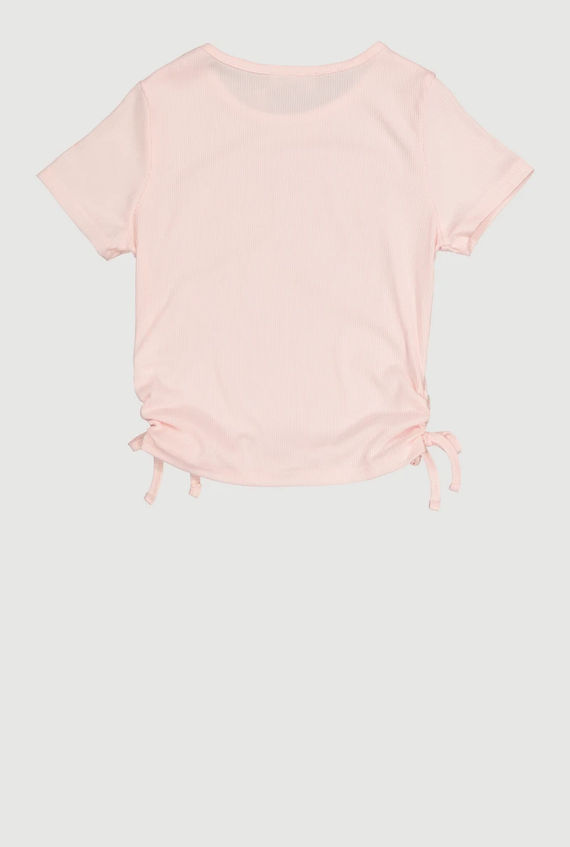 Girls Ribbed Knit Side Ruched Top with Charm Necklace