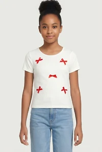 Girls Ribbed Knit Tee with Satin Bows