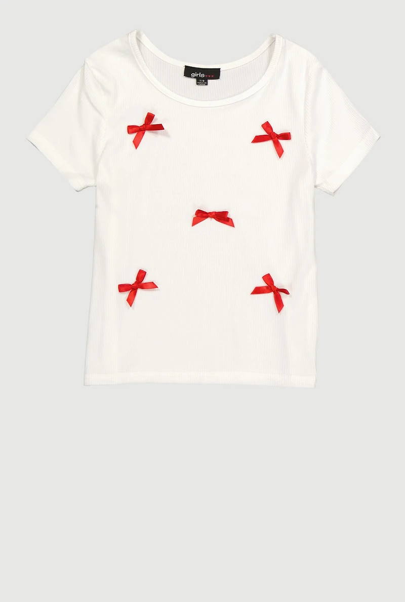 Girls Ribbed Knit Tee with Satin Bows