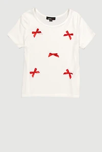 Girls Ribbed Knit Tee with Satin Bows