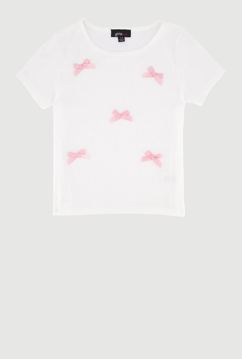 Girls Ribbed Knit Tee with Satin Bows