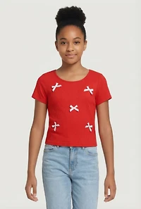 Girls Bow Detail Ribbed Knit Tee
